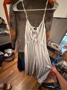Lulu's Striped Linen-Blend Wide-Leg Jumpsuit in Light Blue & Cream